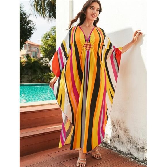Kaftan Dresses for Women Plus Size Batwing Sleeve Caftans Long Bathing Suit - Picture 7 of 8